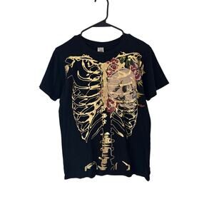 Ed Hardy Don Ed Hardy Designs Gold Skeleton Skull Roses Tee Shirt Size S USA